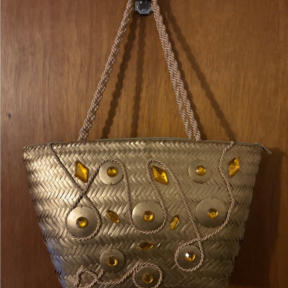 Vintage Metallic Gold Woven Tote with Amber Gem Embellishments